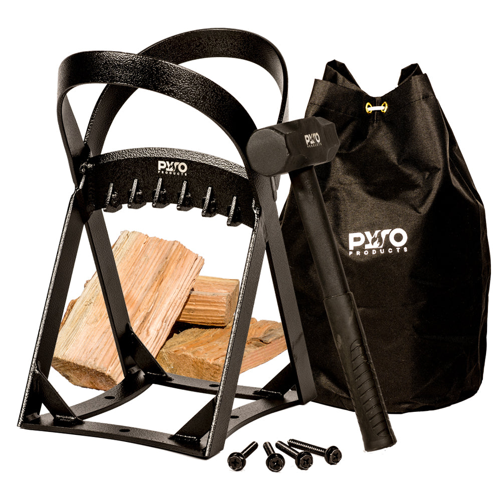 PyroProducts kindling splitter with hammer, storage bag and 4 black screws on a white background
